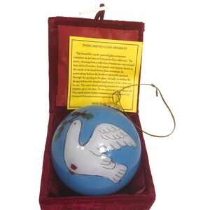 Inside Art Blown Glass Hand Painted Ornament Of A Dove With A Holly Branch W/Box